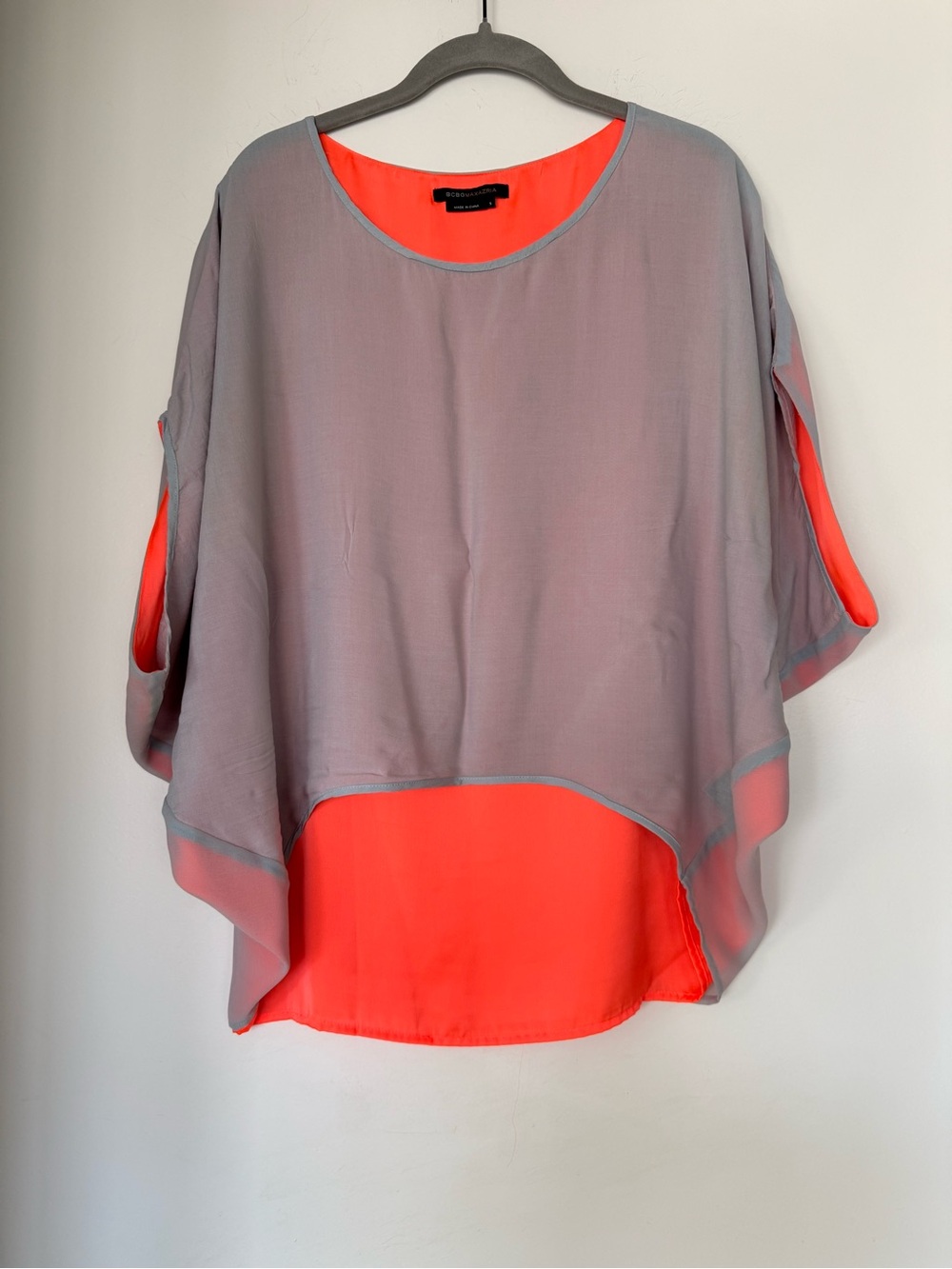 BCBGMaxAzria Gray Sheer Overlay Top with Coral Underlayer